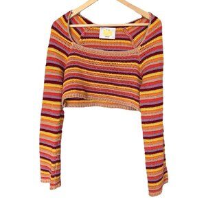 Yellow the Label Womens Crochet Sweater Top Cropped Sz SMALL Hippie Boho Rainbow